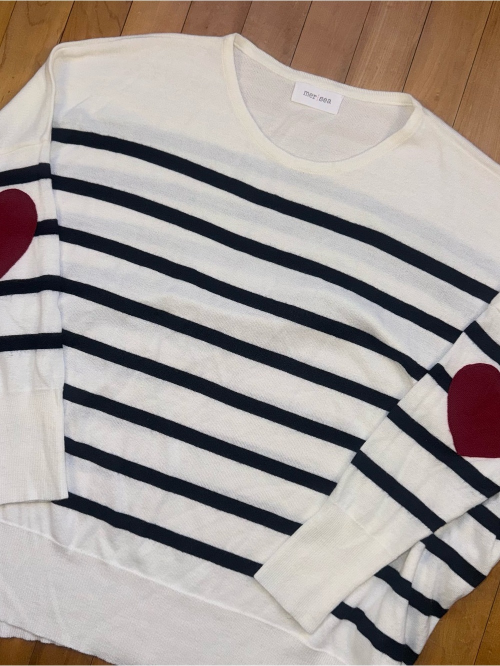 Mer Sea Women’s One Size Striped Sweater Red Heart Elbow Patch Oversized